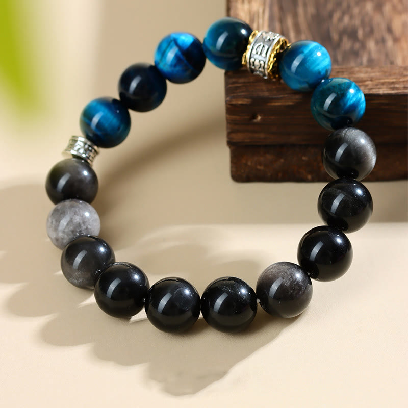 Buddha Stonesブルータイガーアイ シルバーシーンオブシディアン パワーブレスレット