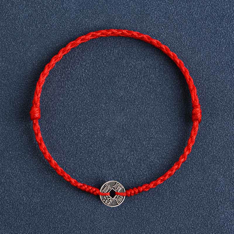 Buddha Stones925 スターリングシルバー 五帝銭 赤い糸 守護 幸運 編み込みブレスレット アンクレット