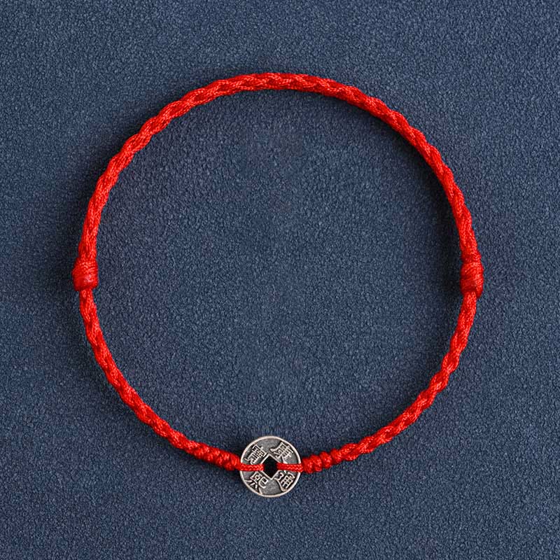 Buddha Stones925 スターリングシルバー 五帝銭 赤い糸 守護 幸運 編み込みブレスレット アンクレット