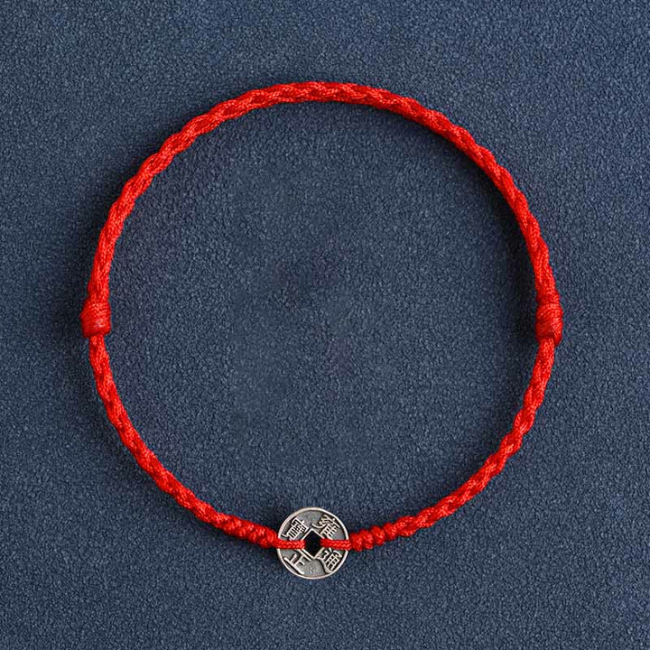Buddha Stones925 スターリングシルバー 五帝銭 赤い糸 守護 幸運 編み込みブレスレット アンクレット
