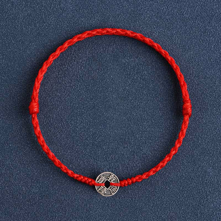 Buddha Stones925 スターリングシルバー 五帝銭 赤い糸 守護 幸運 編み込みブレスレット アンクレット