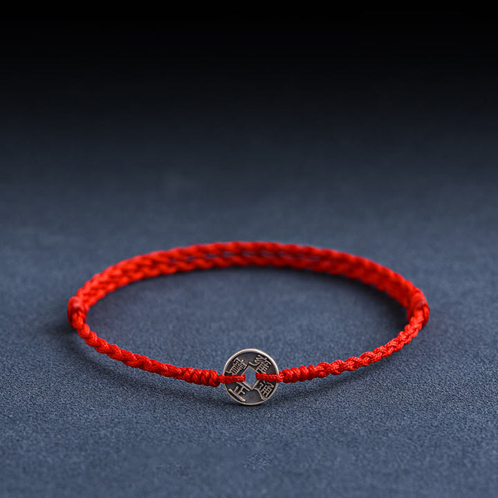 Buddha Stones925 スターリングシルバー 五帝銭 赤い糸 守護 幸運 編み込みブレスレット アンクレット