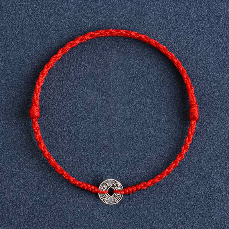 Buddha Stones925 スターリングシルバー 五帝銭 赤い糸 守護 幸運 編み込みブレスレット アンクレット