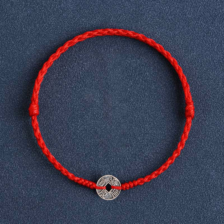 Buddha Stones925 スターリングシルバー 五帝銭 赤い糸 守護 幸運 編み込みブレスレット アンクレット