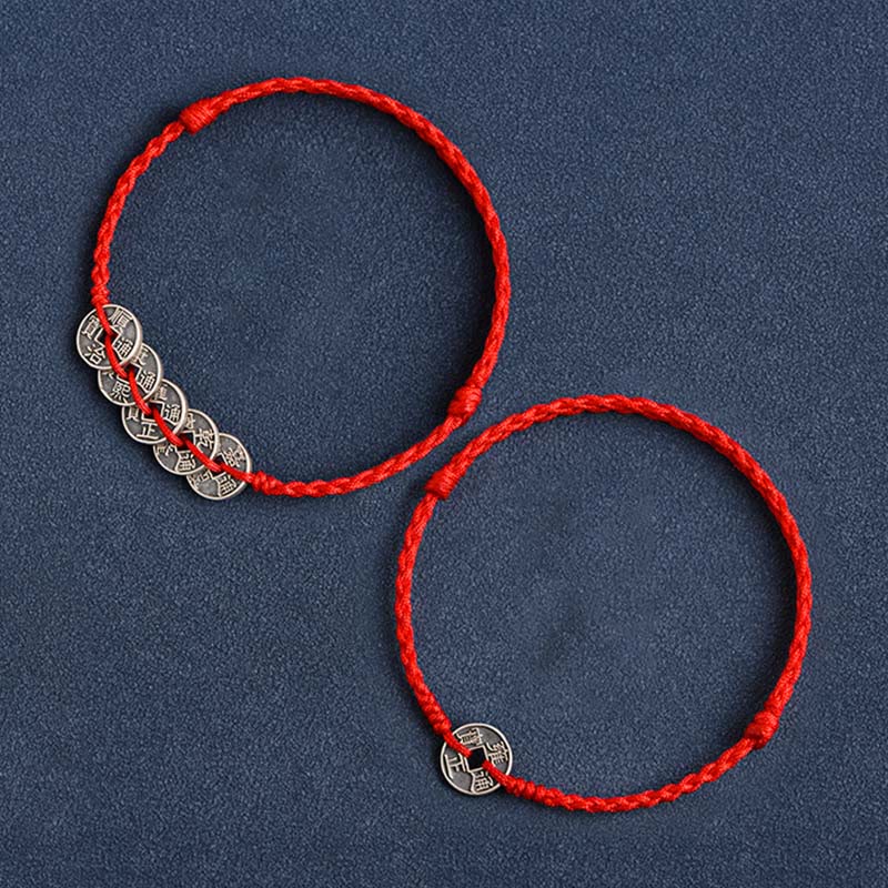 Buddha Stones925 スターリングシルバー 五帝銭 赤い糸 守護 幸運 編み込みブレスレット アンクレット