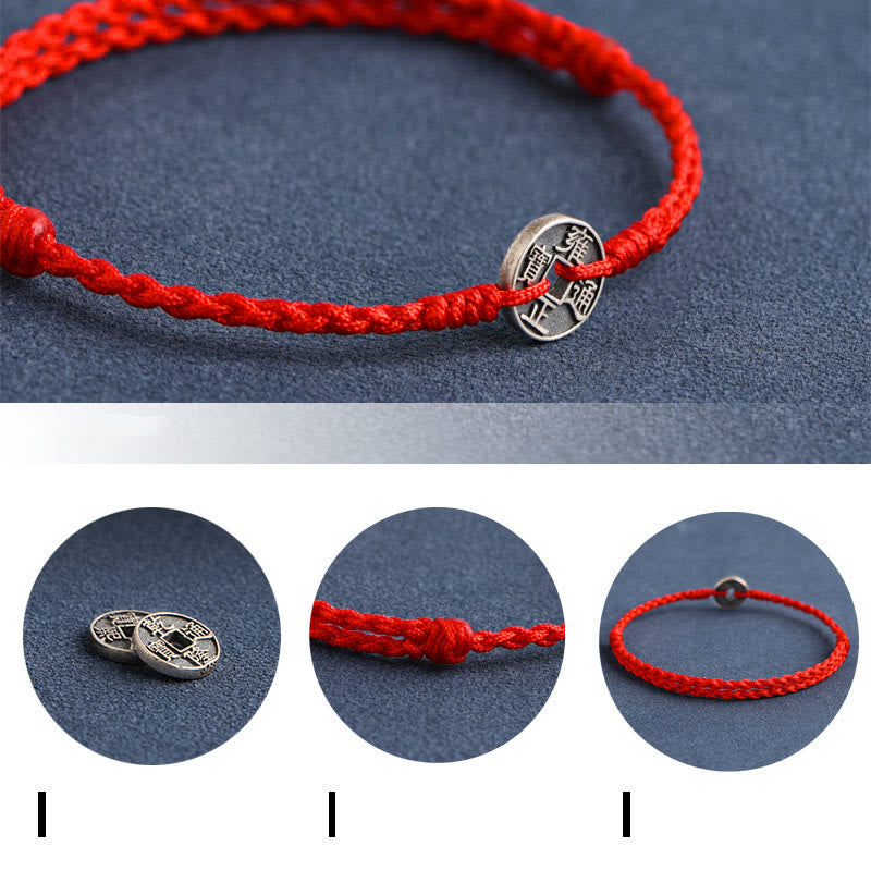 Buddha Stones925 スターリングシルバー 五帝銭 赤い糸 守護 幸運 編み込みブレスレット アンクレット