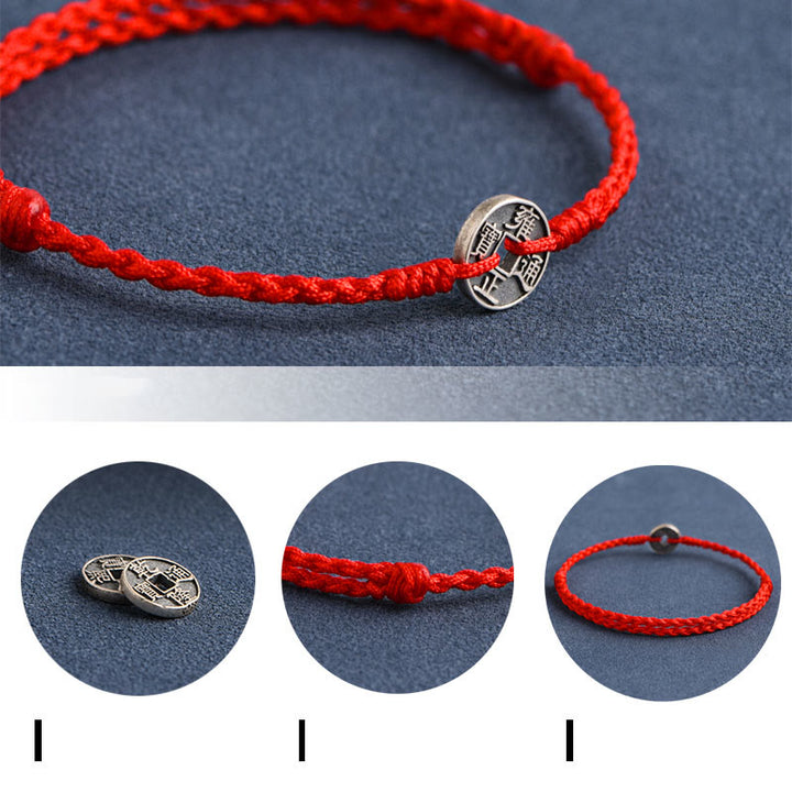 Buddha Stones925 スターリングシルバー 五帝銭 赤い糸 守護 幸運 編み込みブレスレット アンクレット