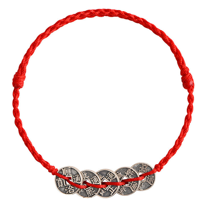 Buddha Stones925 スターリングシルバー 五帝銭 赤い糸 守護 幸運 編み込みブレスレット アンクレット