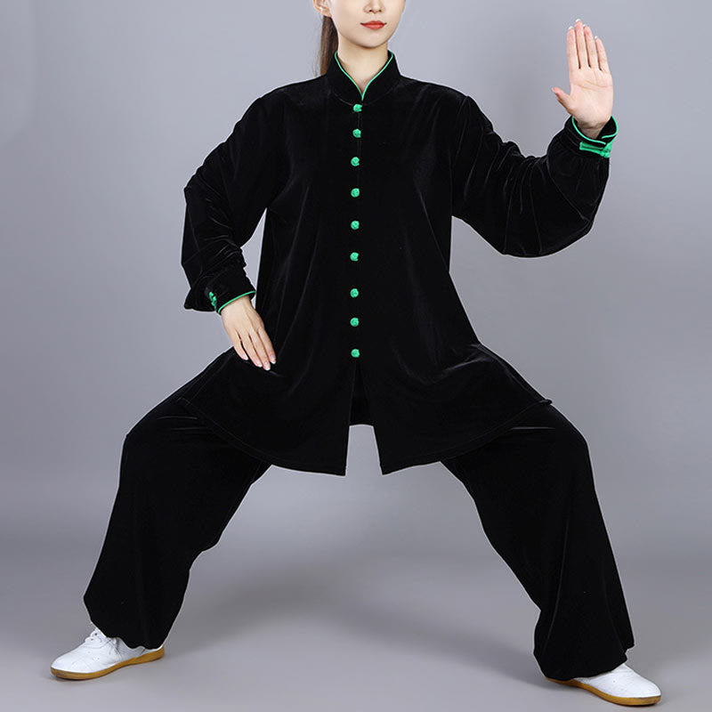 Buddha Stones2点セット 秋冬 太極拳 瞑想 気功 禅 練習 ユニセックス ベロア プラッシュ 服 セット - 黒 - 3XL- 米国/UK/AU/ EUのXLに適合 - image 0