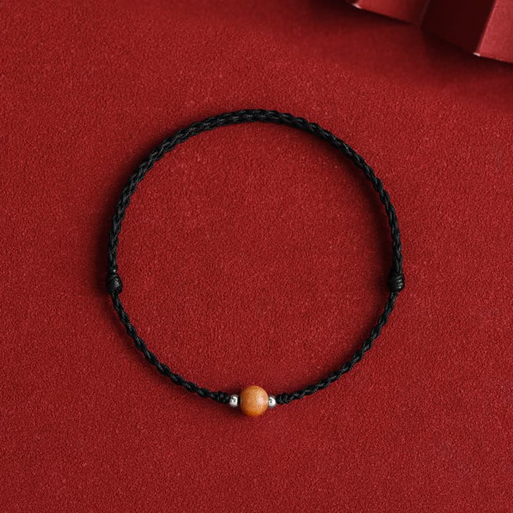 Buddha Stones天然ピーチウッドビーズ幸運編み込みブレスレットアンクレット