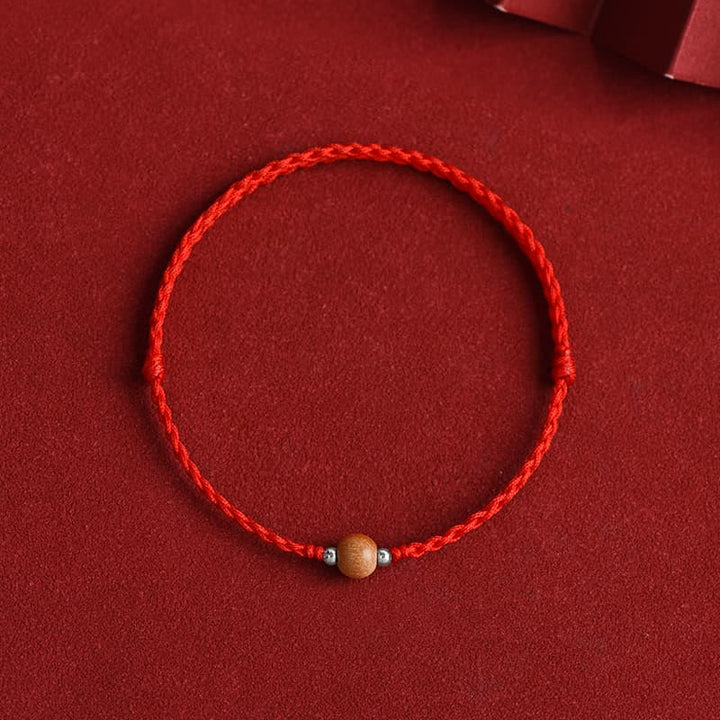 Buddha Stones天然ピーチウッドビーズ幸運編み込みブレスレットアンクレット
