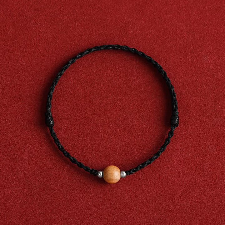 Buddha Stones天然ピーチウッドビーズ幸運編み込みブレスレットアンクレット