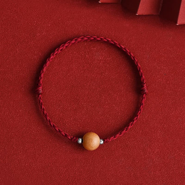 Buddha Stones天然ピーチウッドビーズ幸運編み込みブレスレットアンクレット