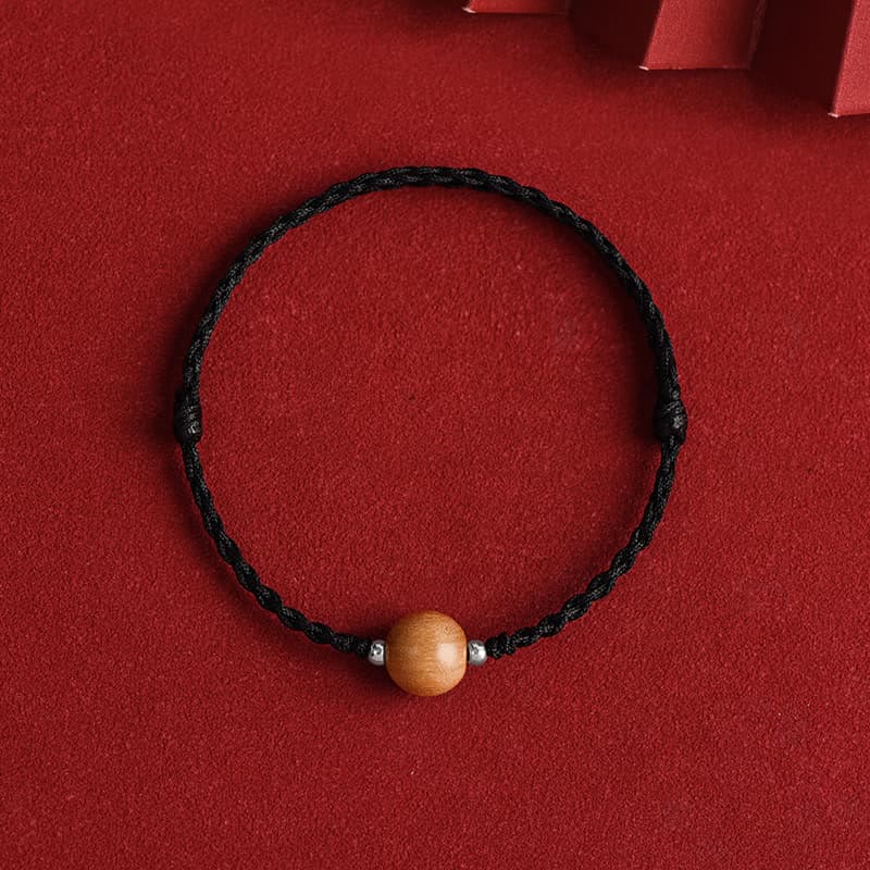 Buddha Stones天然ピーチウッドビーズ幸運編み込みブレスレットアンクレット