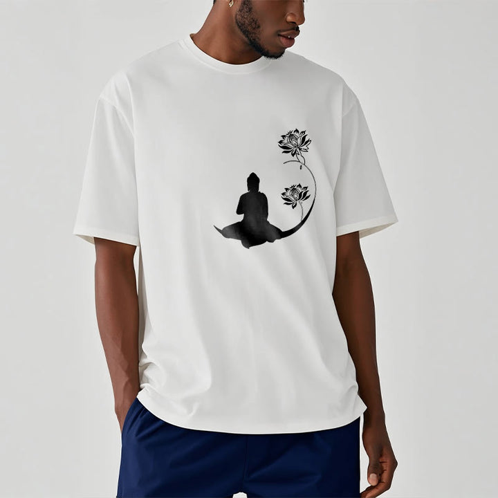 Buddha Stones蓮の花と共に座る仏陀の模様 Tシャツ - image 7