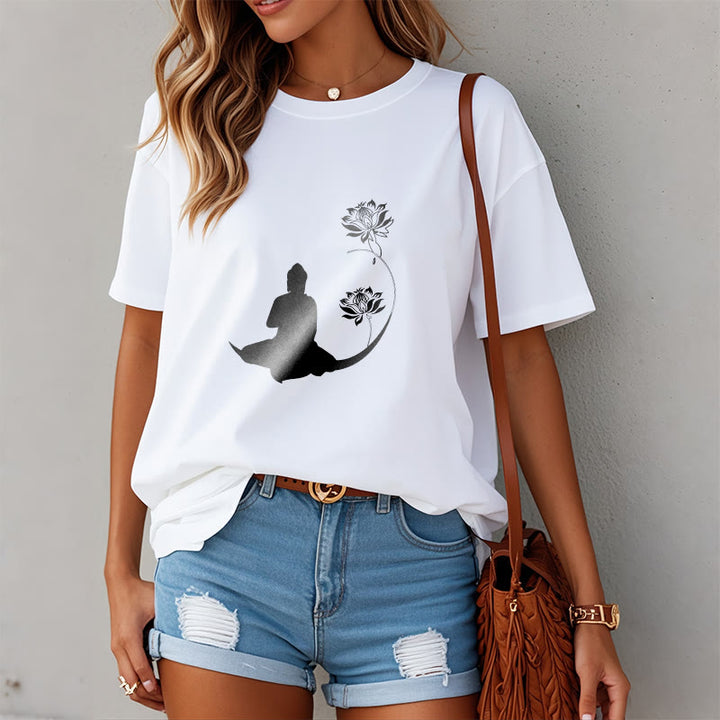 Buddha Stones蓮の花と共に座る仏陀の模様 Tシャツ - image 8