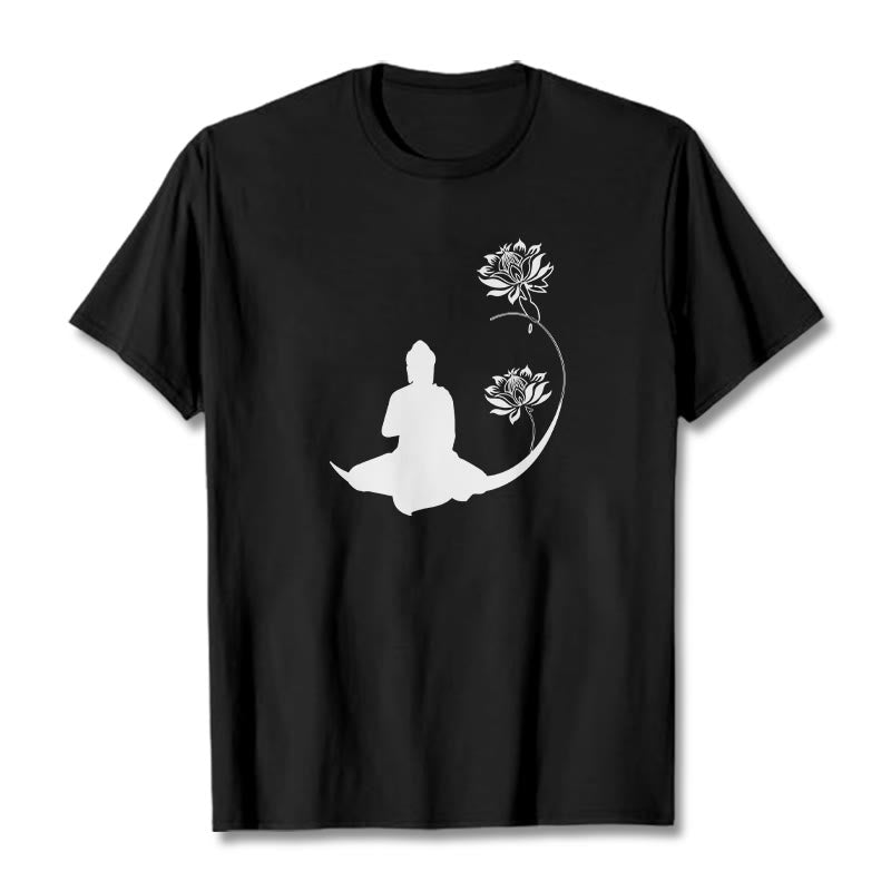 Buddha Stones蓮の花と共に座る仏陀の模様 Tシャツ - 黒 - 2XL - image 1