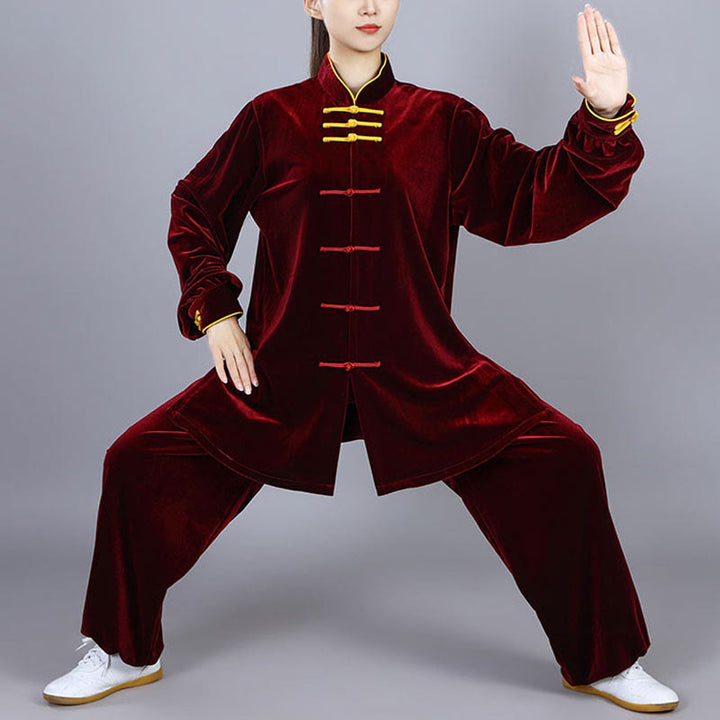 Buddha Stones 2点セット 秋冬 太極拳 気功 練習用 ユニセックス カエルボタン 瞑想 ベロア ウェア セット - ダークレッド - 3XL-US/UK/AU/EUXL - image 2