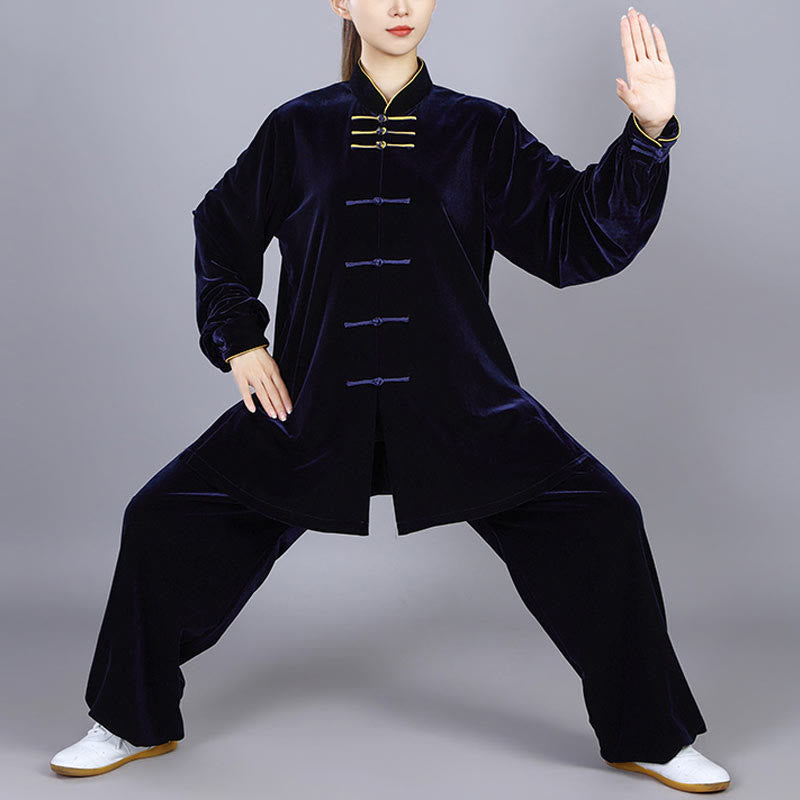 Buddha Stones 2点セット 秋冬 太極拳 気功 練習用 ユニセックス カエルボタン 瞑想 ベロア ウェア セット - ミッドナイトブルー - 3XL- 米国/UK/AU/ EUのXLに適合 - image 0