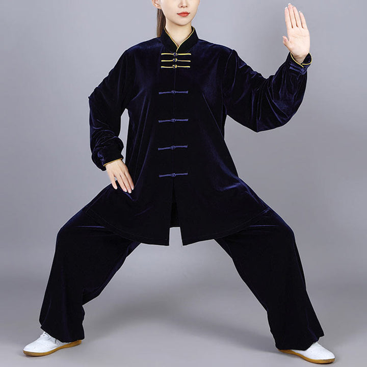 Buddha Stones 2点セット 秋冬 太極拳 気功 練習用 ユニセックス カエルボタン 瞑想 ベロア ウェア セット - ミッドナイトブルー - 3XL-US/UK/AU/EUXL - image 0