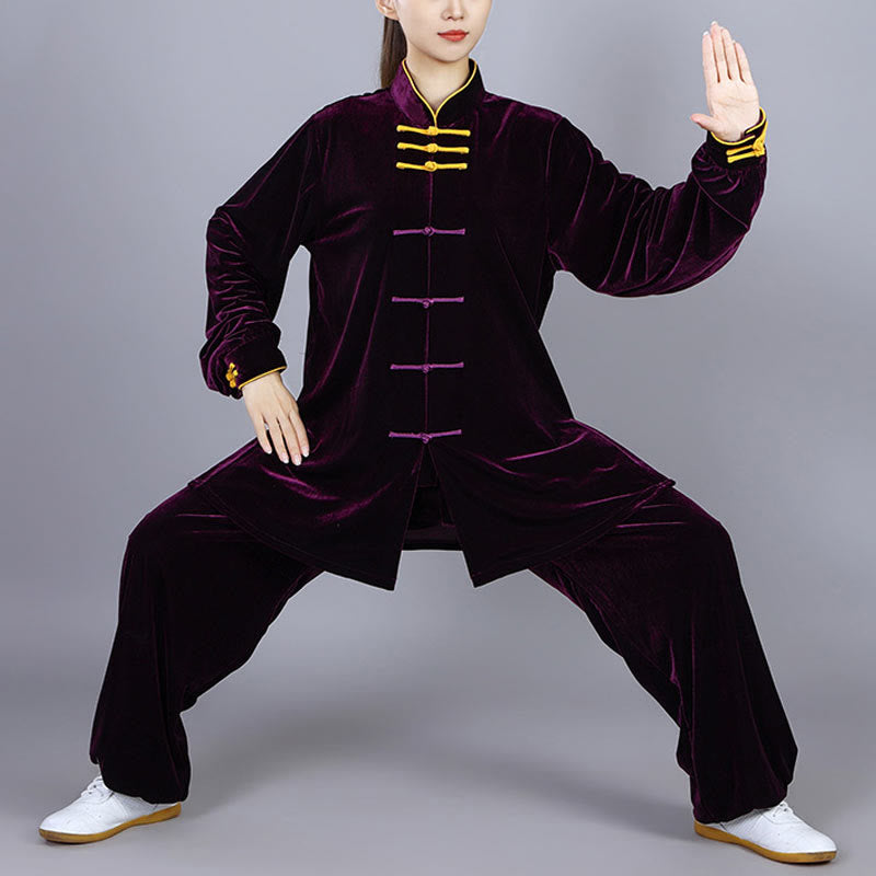 Buddha Stones 2点セット 秋冬 太極拳 気功 練習用 ユニセックス カエルボタン 瞑想 ベロア ウェア セット - ダークマゼンタ - 3XL-US/UK/AU/EUXL - image 14