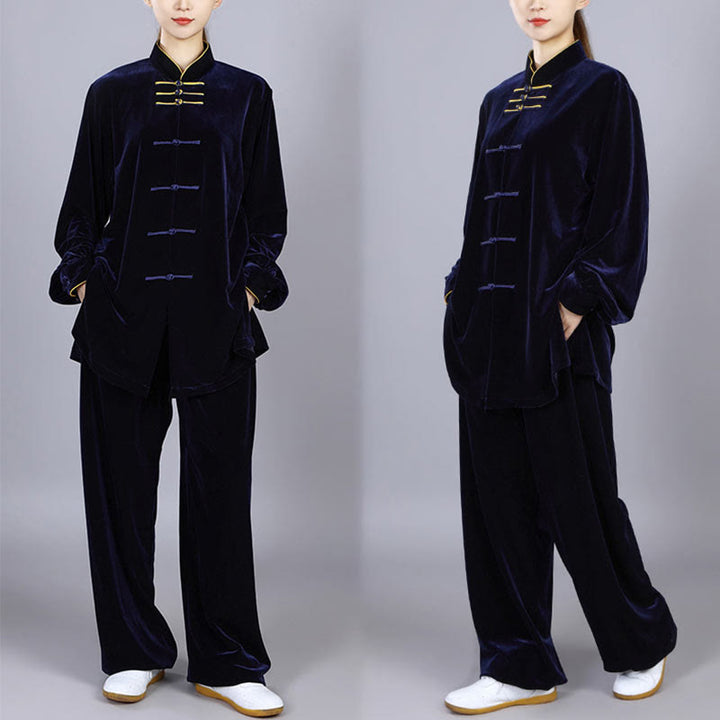 Buddha Stones 2点セット 秋冬 太極拳 気功 練習用 ユニセックス カエルボタン 瞑想 ベロア ウェア セット - image 1