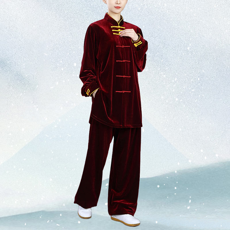 Buddha Stones 2点セット 秋冬 太極拳 気功 練習用 ユニセックス カエルボタン 瞑想 ベロア ウェア セット - image 6