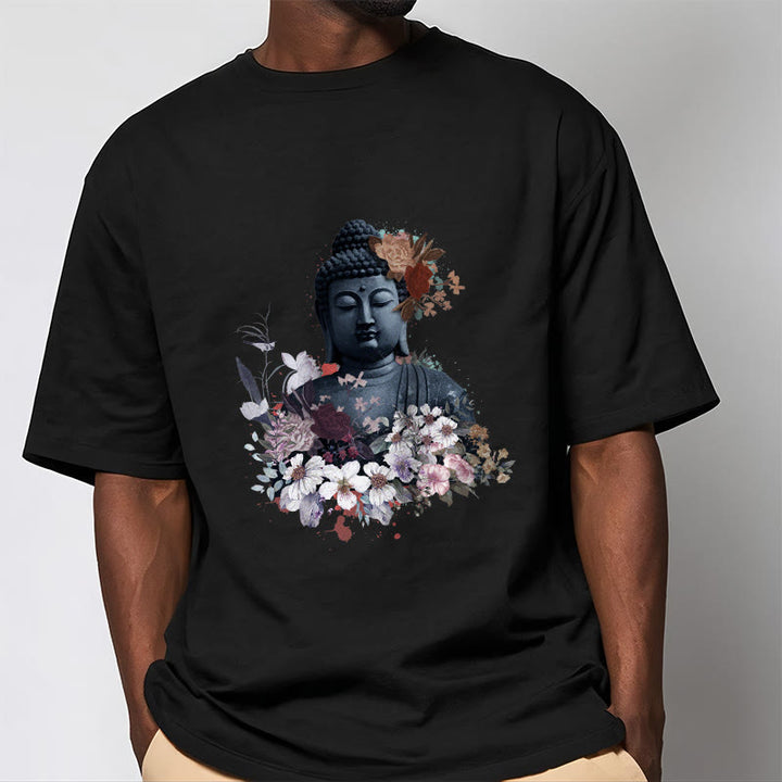 Buddha Stonesと仏像を囲むカラフルな花柄Tシャツ - image 7