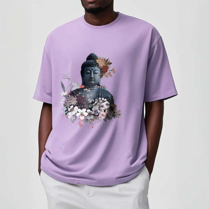Buddha Stonesと仏像を囲むカラフルな花柄Tシャツ - image 18