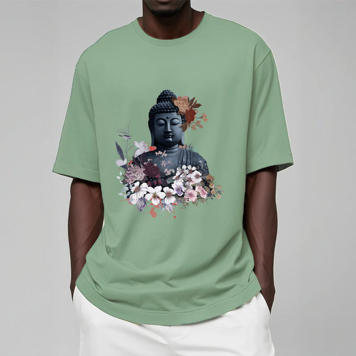 Buddha Stonesと仏像を囲むカラフルな花柄Tシャツ - image 16