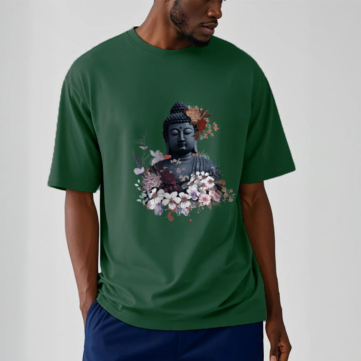 Buddha Stonesと仏像を囲むカラフルな花柄Tシャツ - image 12