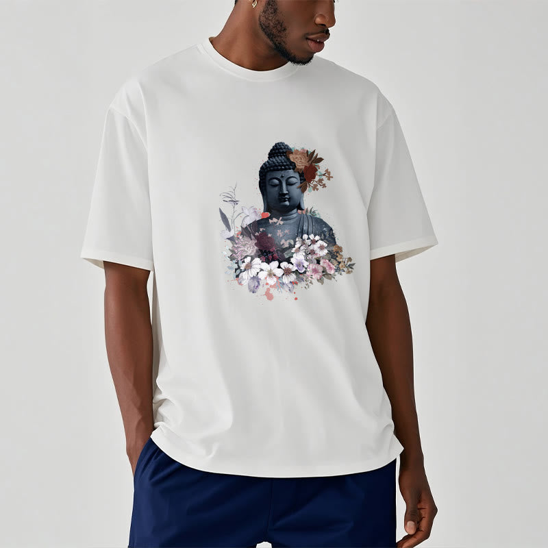 Buddha Stonesと仏像を囲むカラフルな花柄Tシャツ - image 2