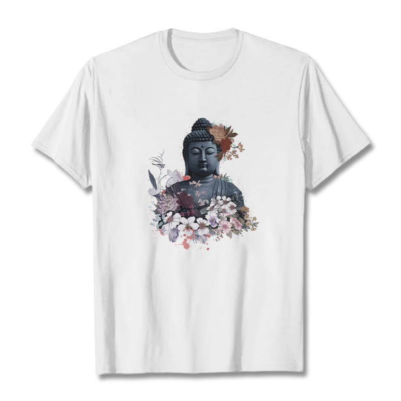 Buddha Stonesと仏像を囲むカラフルな花柄Tシャツ - 白 - 2XL - image 1