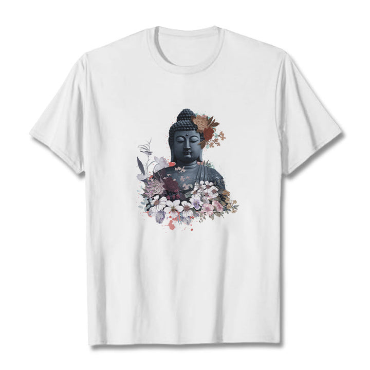 Buddha Stonesと仏像を囲むカラフルな花柄Tシャツ - 白 - 2XL - image 1