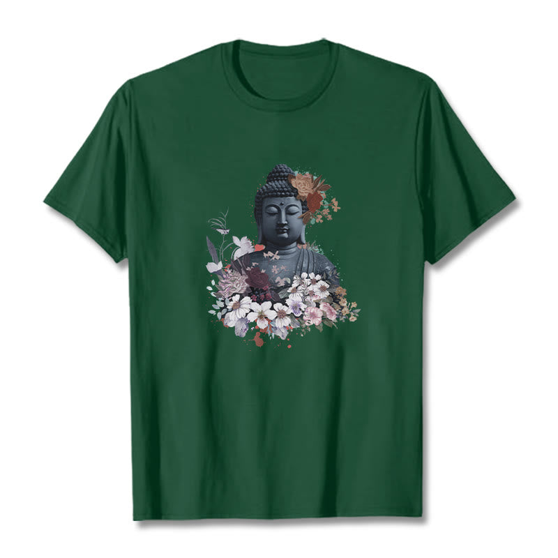 Buddha Stonesと仏像を囲むカラフルな花柄Tシャツ - フォレストグリーン - 2XL - image 11
