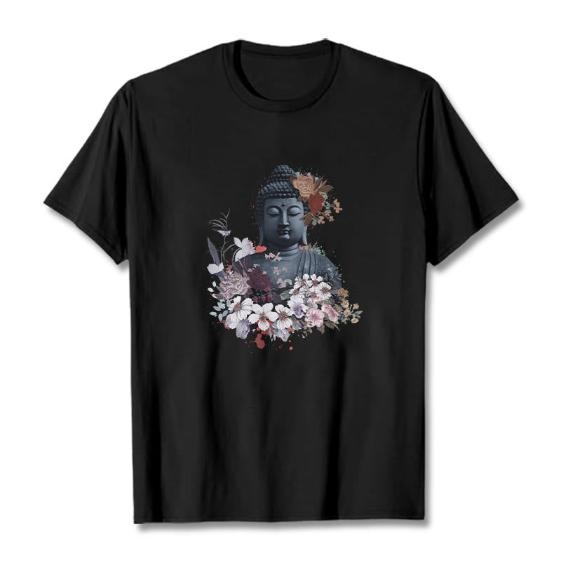 Buddha Stonesと仏像を囲むカラフルな花柄Tシャツ - 黒 - 2XL - image 5