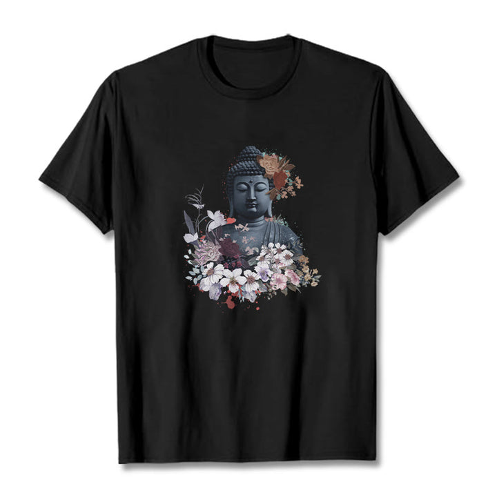 Buddha Stonesと仏像を囲むカラフルな花柄Tシャツ - 黒 - 2XL - image 5