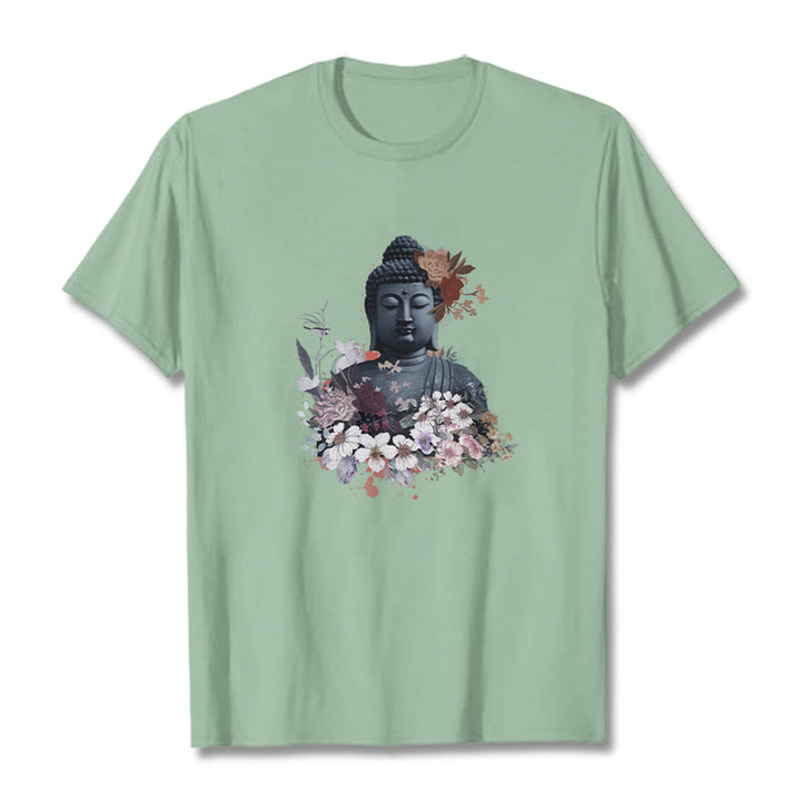 Buddha Stonesと仏像を囲むカラフルな花柄Tシャツ - ペールグリーン - 2XL - image 15