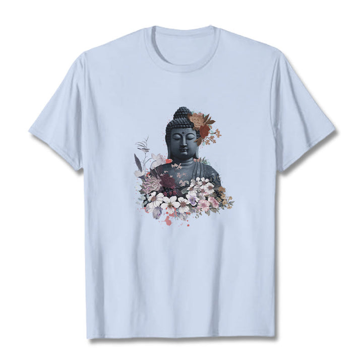 Buddha Stonesと仏像を囲むカラフルな花柄Tシャツ - ライトシアン - 2XL - image 19