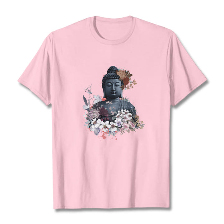 Buddha Stonesと仏像を囲むカラフルな花柄Tシャツ - ライトピンク - 2XL - image 13