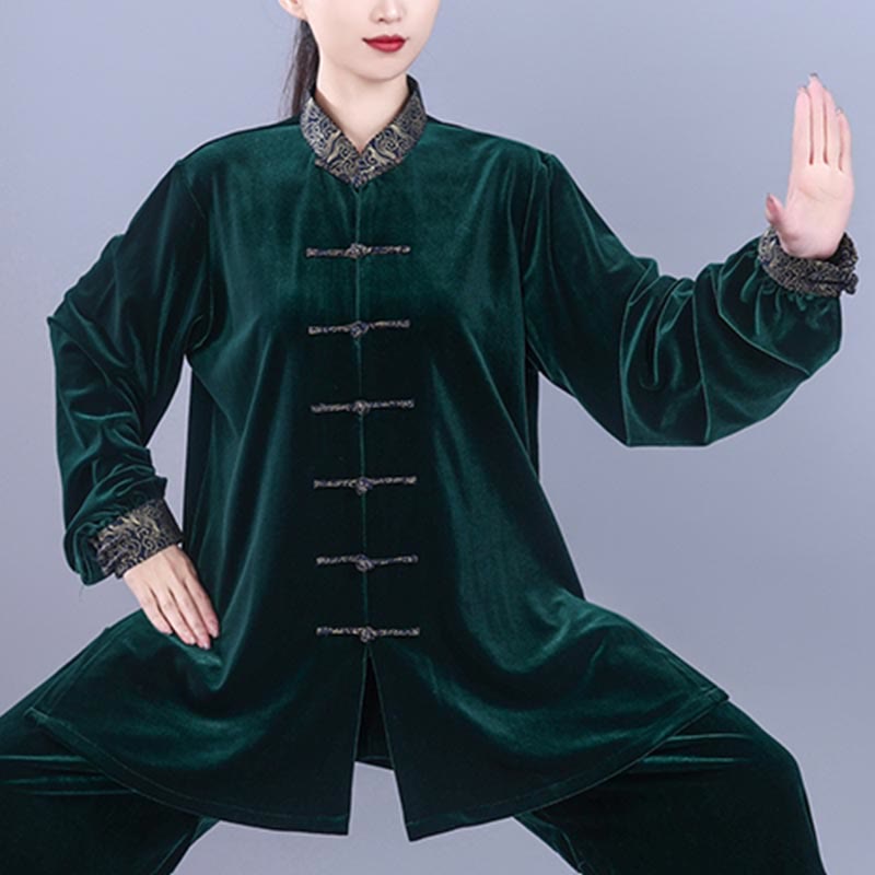 Buddha Stones 2点セット 秋冬 太極拳 気功 縁起の良い雲柄 スタンドカラー カエルボタン ユニセックス ベロア 瞑想服 セット - image 16