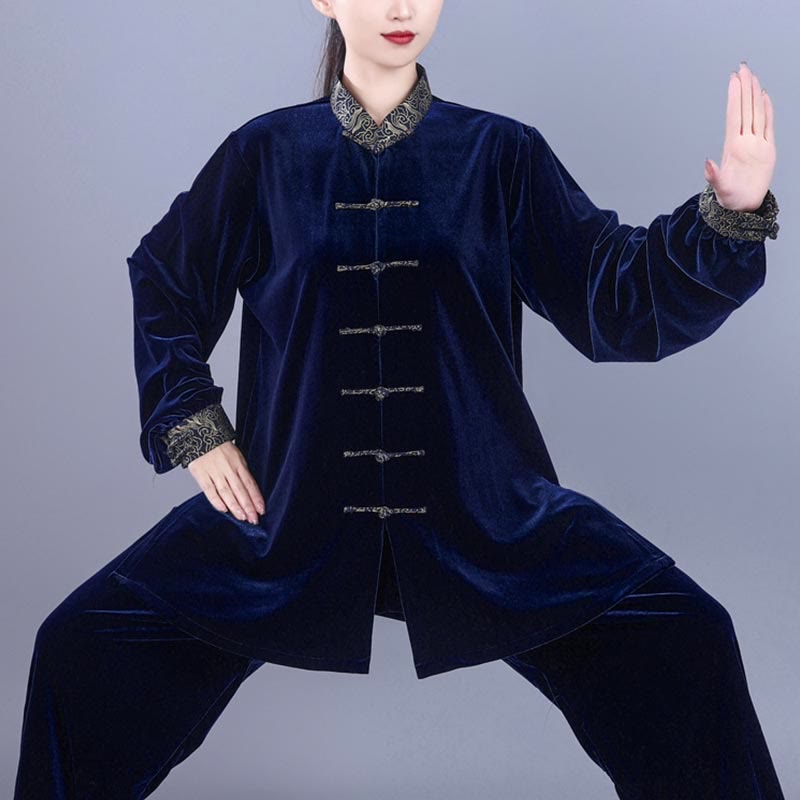 Buddha Stones 2点セット 秋冬 太極拳 気功 縁起の良い雲柄 スタンドカラー カエルボタン ユニセックス ベロア 瞑想服 セット - image 12