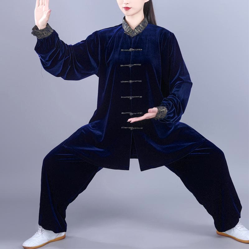 Buddha Stones 2点セット 秋冬 太極拳 気功 縁起の良い雲柄 スタンドカラー カエルボタン ユニセックス ベロア 瞑想服 セット - ミッドナイトブルー - 3XL-US/UK/AU/EUサイズにXL - image 11