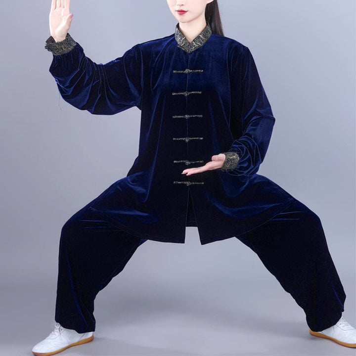 Buddha Stones 2点セット 秋冬 太極拳 気功 縁起の良い雲柄 スタンドカラー カエルボタン ユニセックス ベロア 瞑想服 セット - ミッドナイトブルー - 3XL-US/UK/AU/EUサイズにXL - image 11