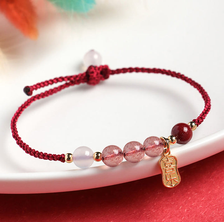 Buddha Stones天然ストロベリークォーツ 翡翠 ホワイトアゲート レッドストリング ポジティブブレスレット