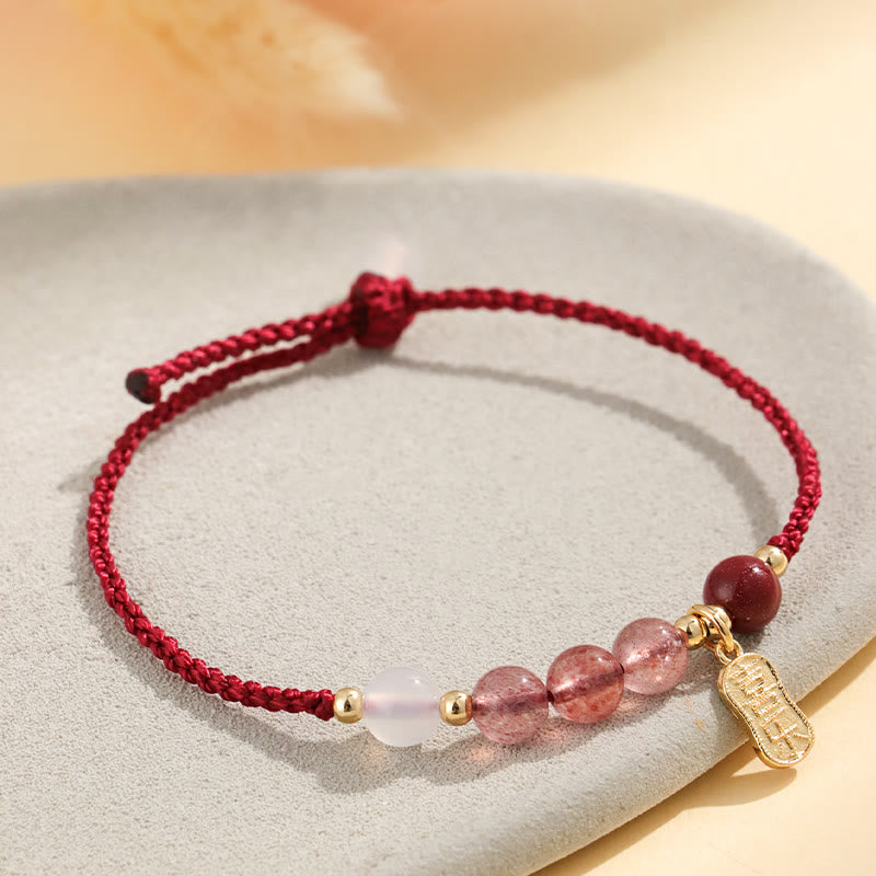 Buddha Stones天然ストロベリークォーツ 翡翠 ホワイトアゲート レッドストリング ポジティブブレスレット