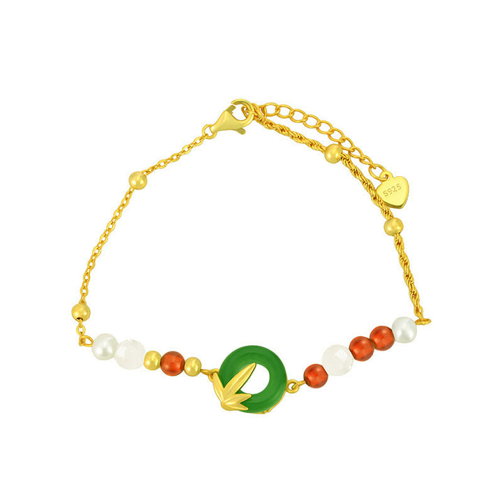 Buddha Stones925スターリングシルバー グリーンカルセドニー ピースバックル バンブーカームブレスレット