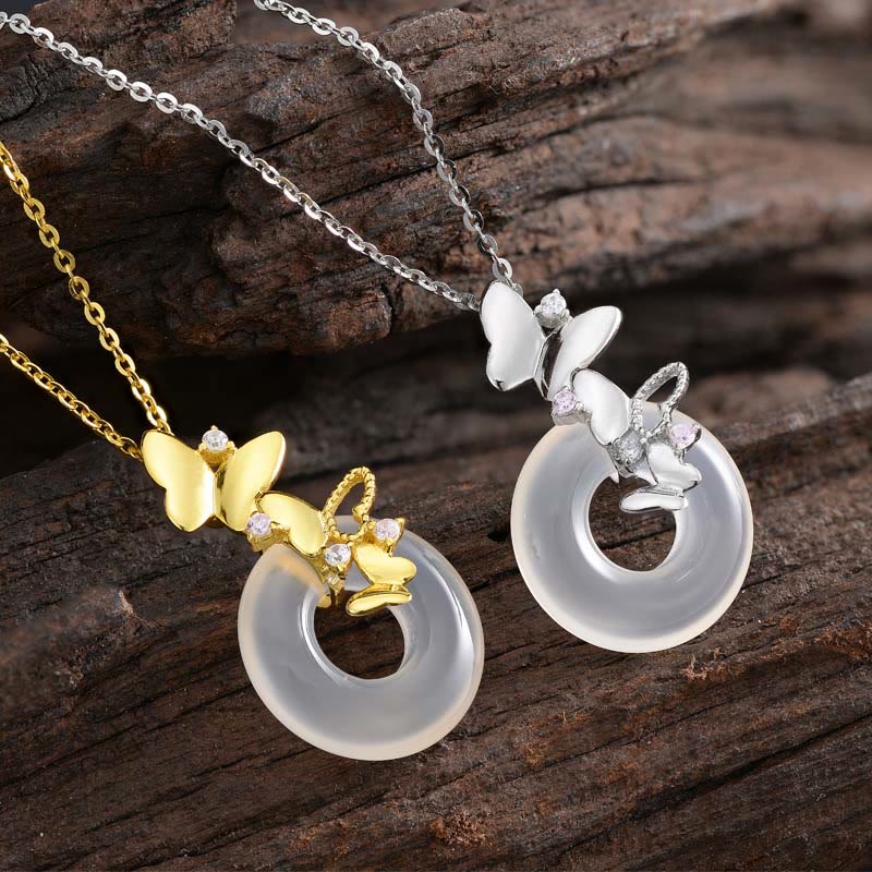 Buddha Stones925スターリングシルバー バタフライカルセドニー ピースバックル 祝福 幸運 ネックレス ペンダント