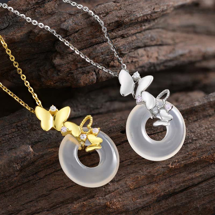 Buddha Stones925スターリングシルバー バタフライカルセドニー ピースバックル 祝福 幸運 ネックレス ペンダント