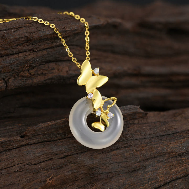 Buddha Stones925スターリングシルバー バタフライカルセドニー平和のお守りチャーム祝福 幸運 ネックレス ペンダント - カルセドニー バタフライ 18K ゴールドメッキ - image 0